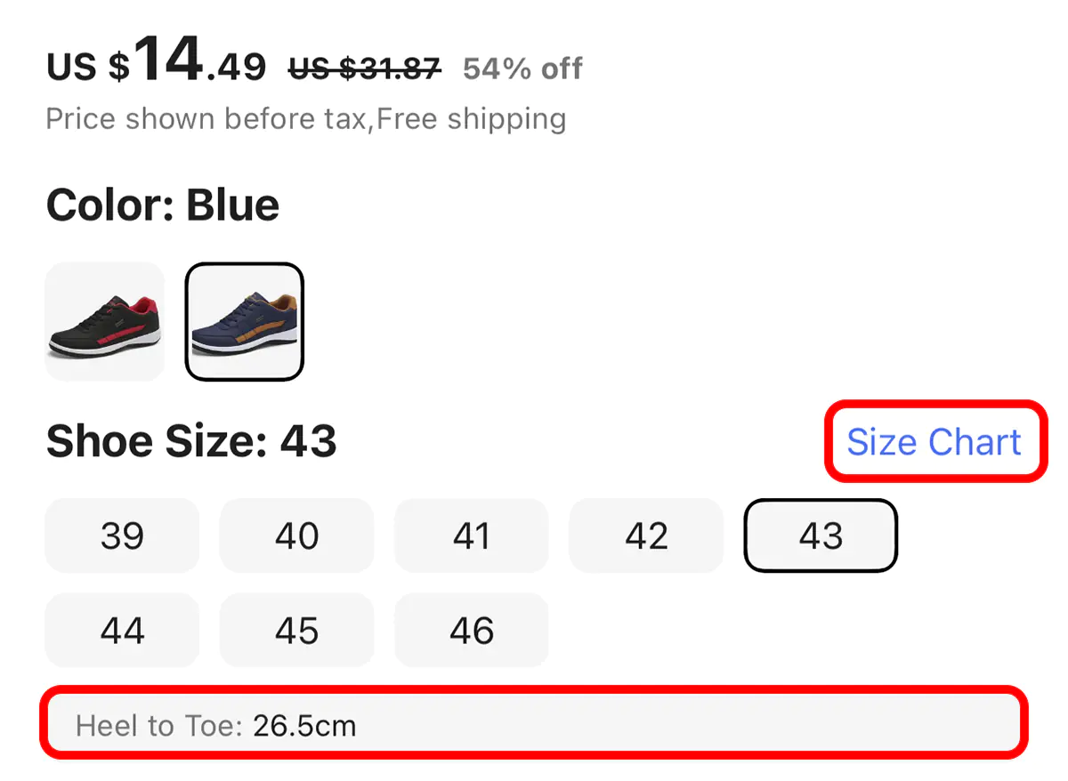 Де знайти розміри взуття на сторінці товару AliExpress
